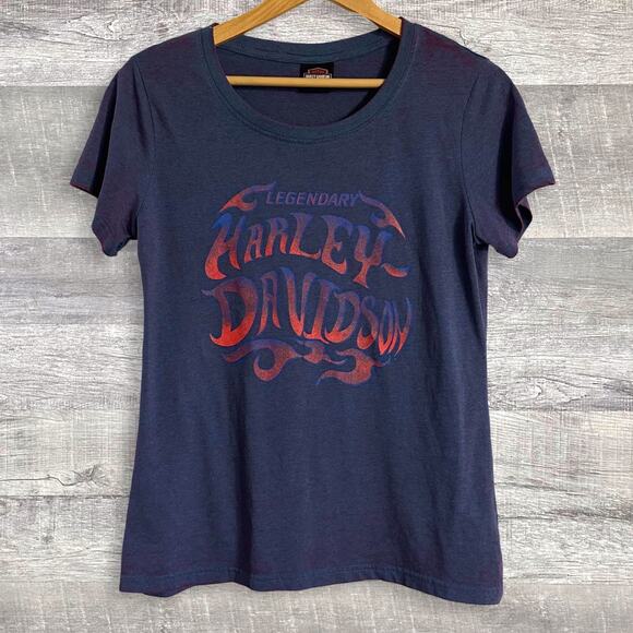 Harley Davidson Flame Logo Shirt Womens M Short Sleeve Tee Purple Blue Quincy IL - Picture 1 of 4